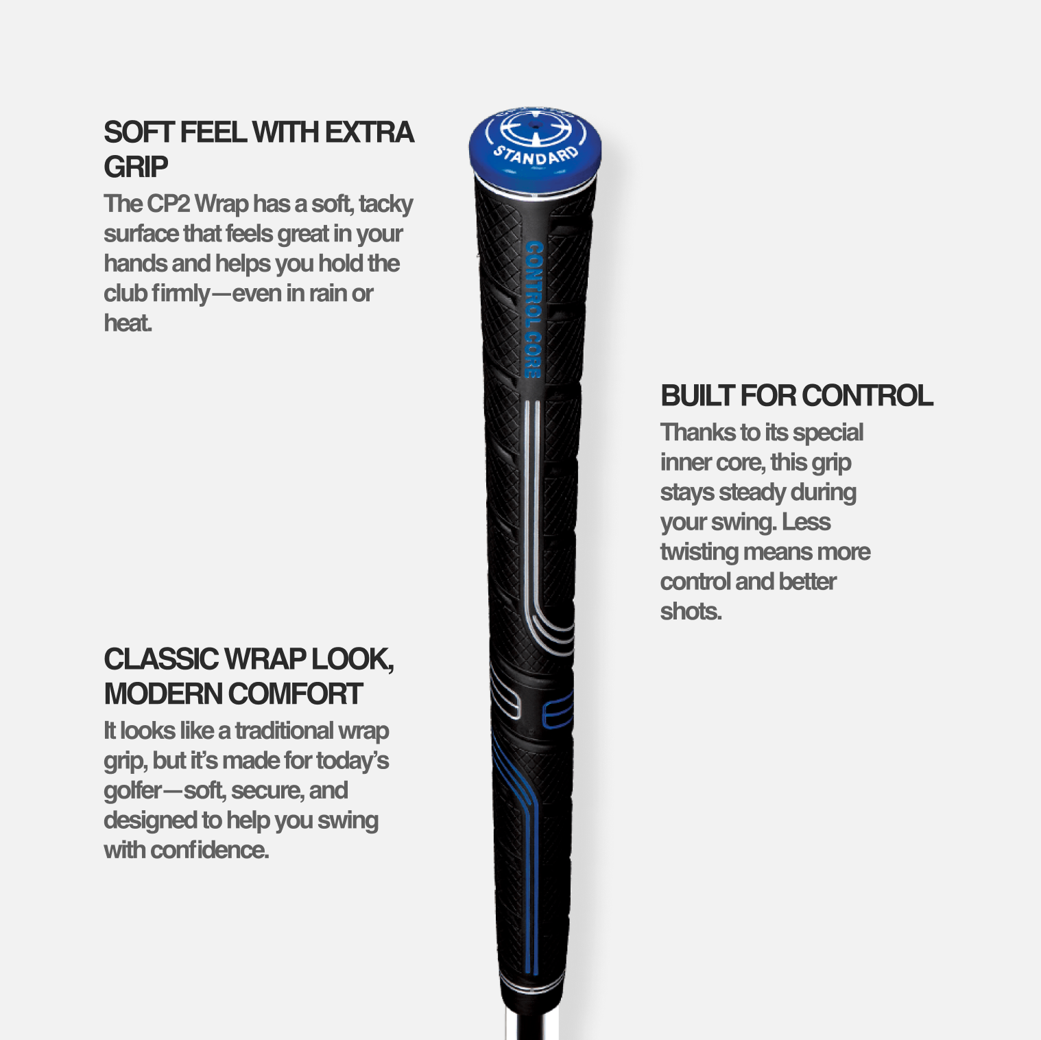Ficha técnica del grip Golf Pride CP2 Wrap con diseño envolvente