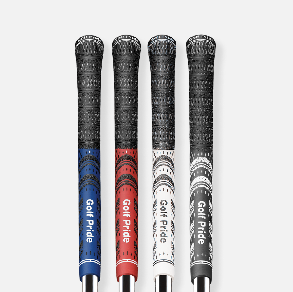 Cuatro grips de golf Golf Pride MCC Multi-Compound en distintos colores — vista frontal