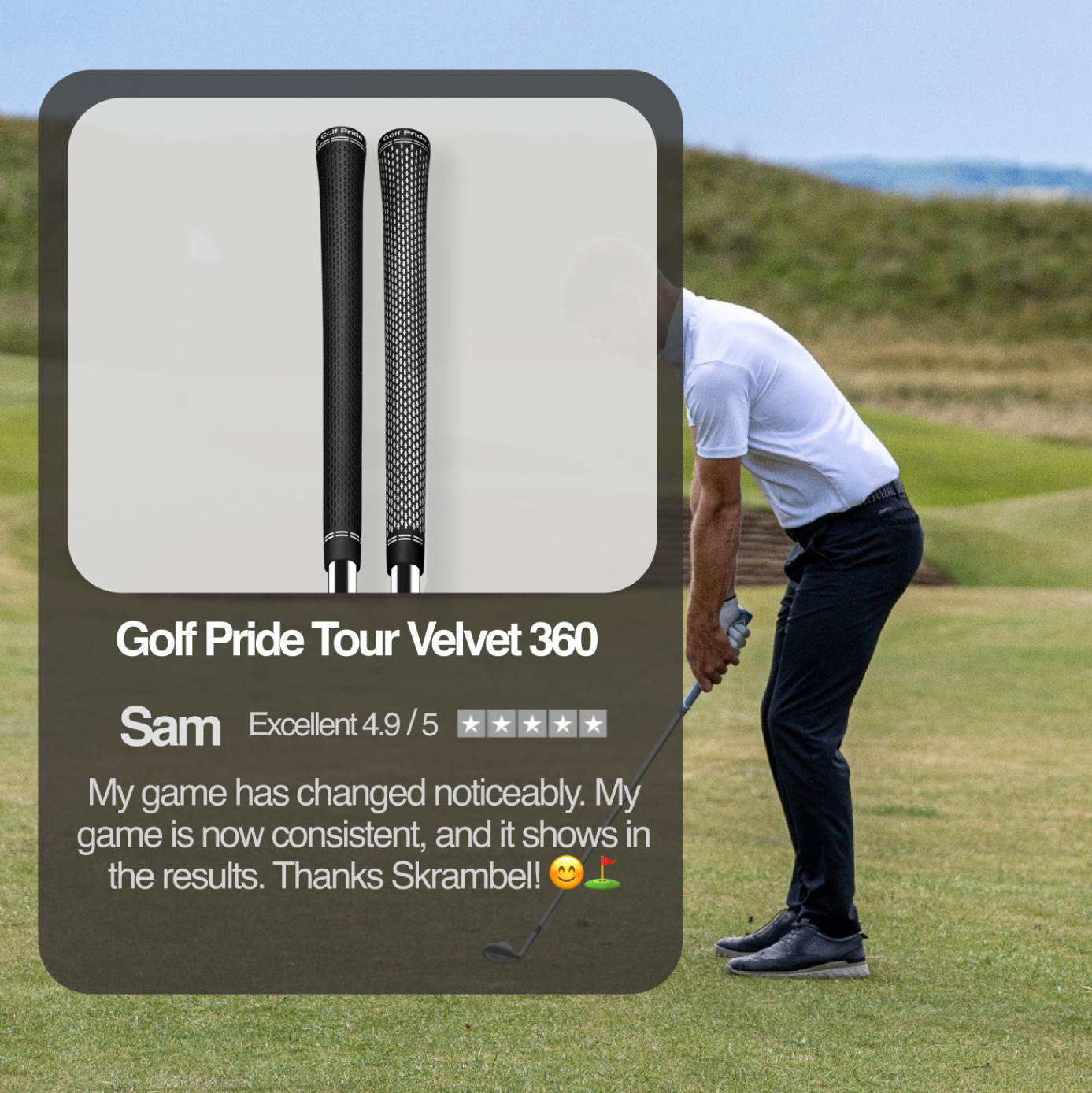 Jugador usando el grip Golf Pride Tour Velvet 360 durante un swing en el campo
